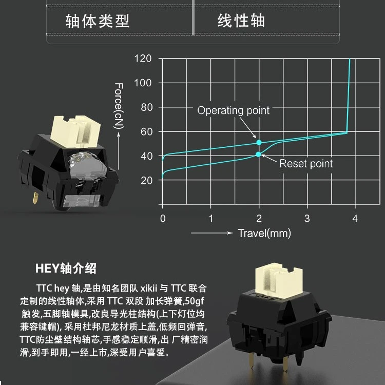 TTC定制轴hey轴线性50克触发58克触底机械键盘轴体开关5脚导光柱