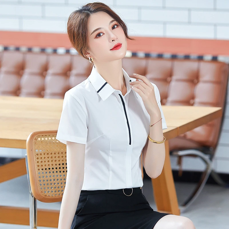 白色衬衫女新款2023年夏薄款气质短袖工装衬衣韩版气质设计感上衣