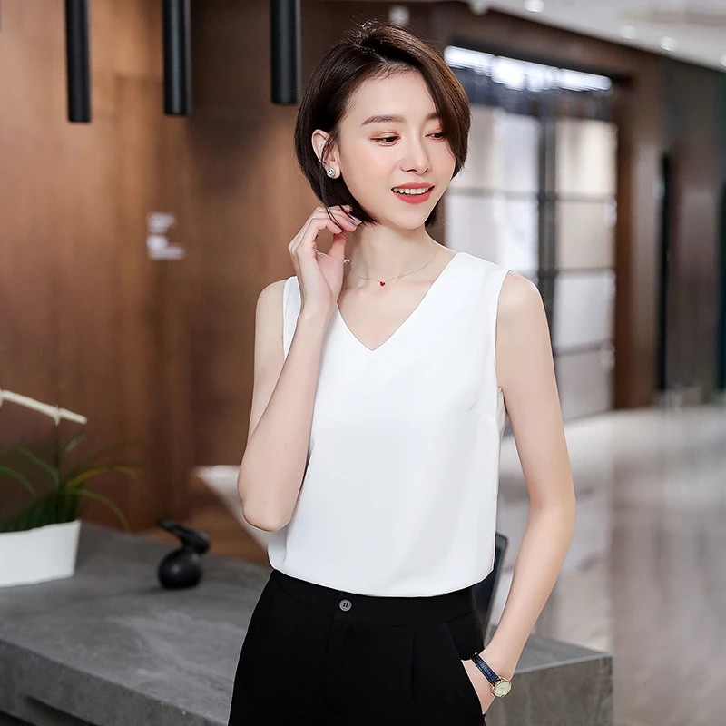 白色雪纺T恤小吊带女夏外穿V领无袖小背心打底衫坎肩西装内搭上衣
