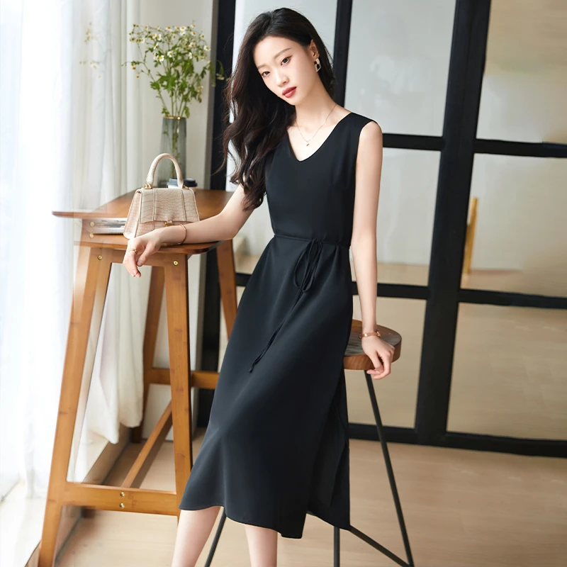 黑色连衣裙女夏高级感无袖吊带长裙2025年新款夏季内搭雪纺背心裙