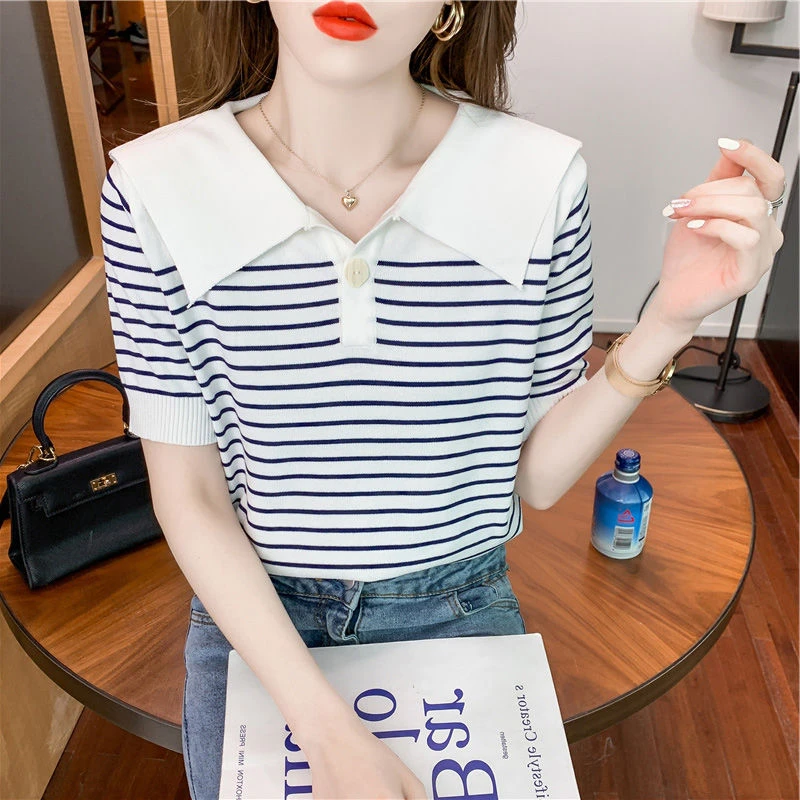 2025夏季法式洋气大翻领条纹薄款冰丝针织衫女短袖设计感小众上衣