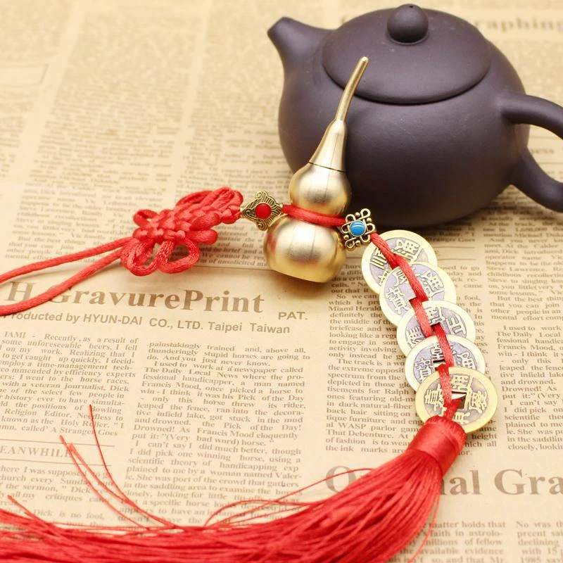 纯红精品黄铜五帝钱铜葫芦7.2公分挂饰挂件