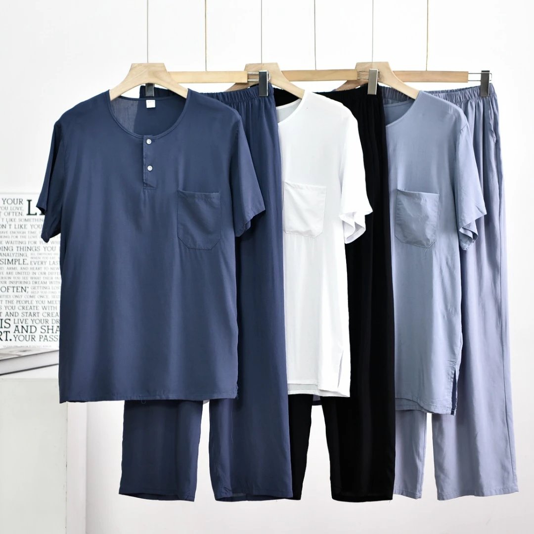 中老年棉绸睡衣男大码人造棉套头纯色圆领短袖宽松空调衫时家居服