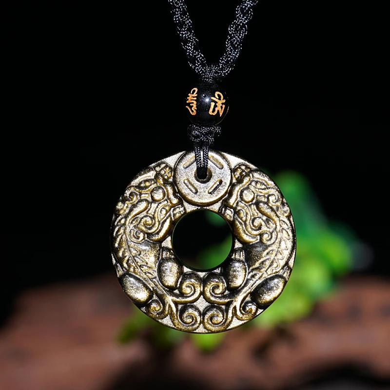 天然金曜石挂坠貔貅吊坠男女款编织项坠祥云男士复古平安扣项链