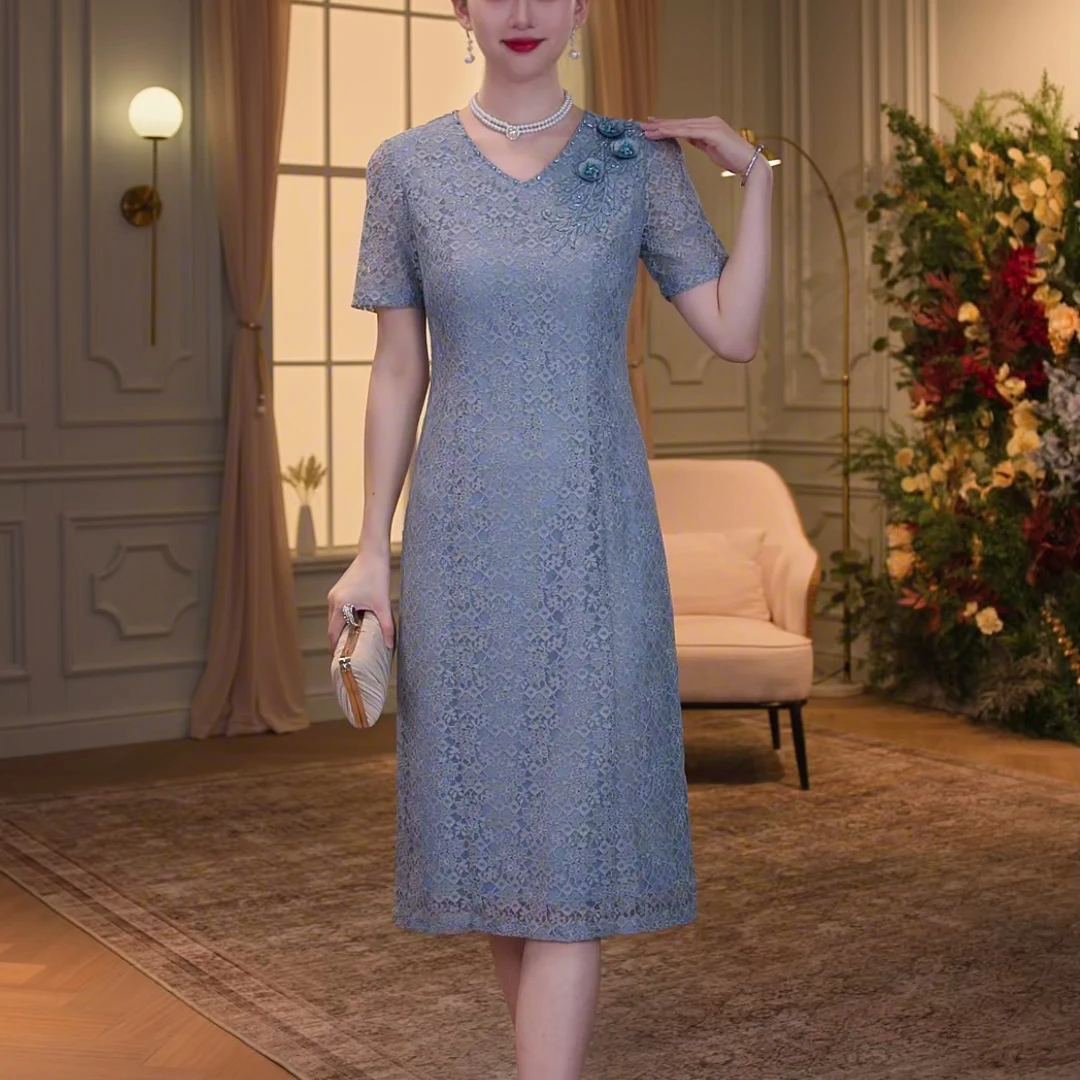 【香妮芬618福利】83116夏季短袖蕾丝女装连衣裙气质显瘦妈妈装