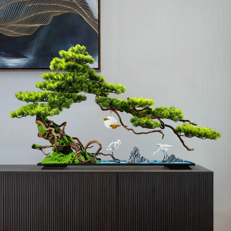 仿真迎客松盆景摆件办公室创意新中式假绿植物客厅玄关装饰品