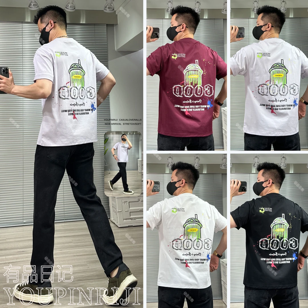 潮牌美式大杯字母印花短袖T恤高街宽松版纯圆领重磅棉男士夏爆款