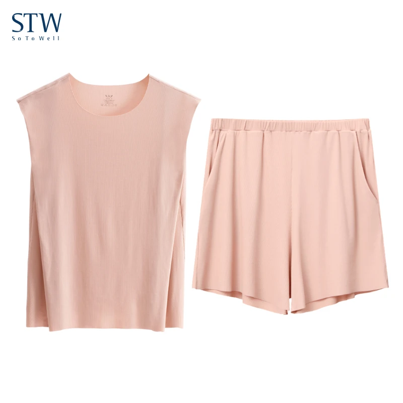 STW.SOTOWELL莫代尔睡衣女士夏季宽松可外穿短袖短裤家居服套装女
