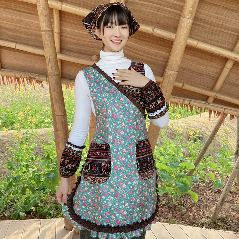 七之莲【301X7】防污花边拼色围裙家用复古服务员小碎花家务薄款V领