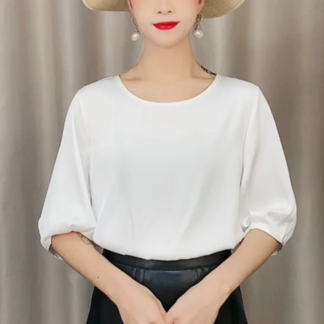 缎面衬衫女春夏季宽松半袖气质垂直感圆领衬衣时尚百搭雪纺衫