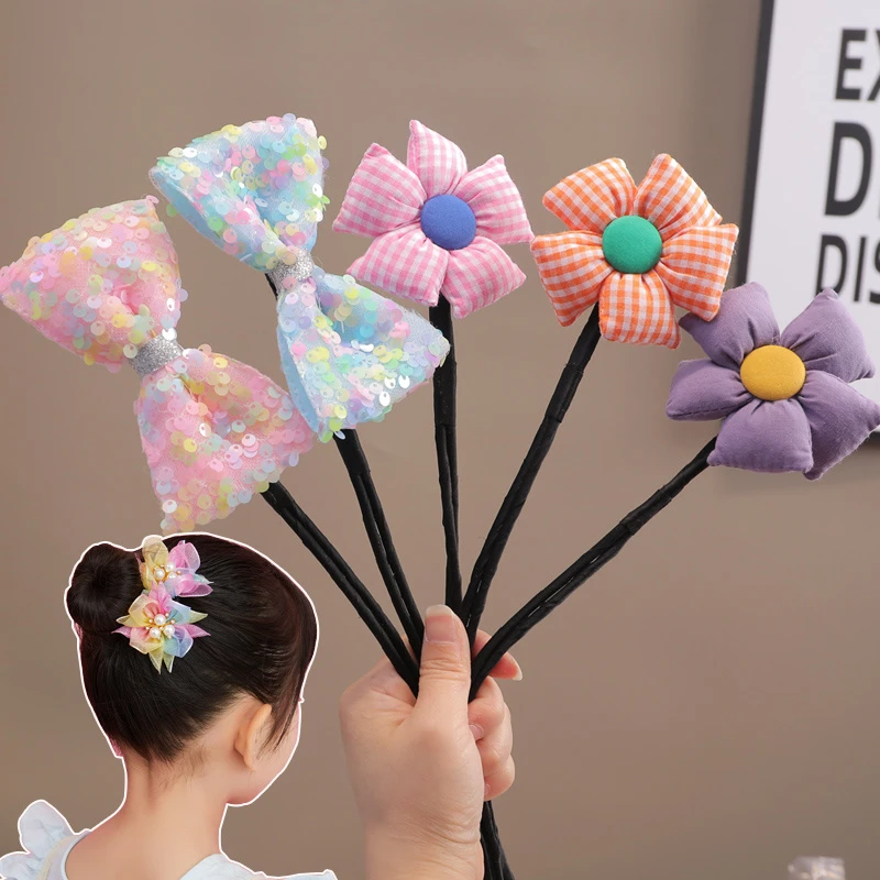 春秋儿童盘发杆小女孩不伤发大花宝宝头饰编发丸子头神器女童发饰