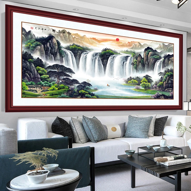 3D仿真边框使用风景画客厅沙发背景墙装饰画旭日东升自粘墙壁画