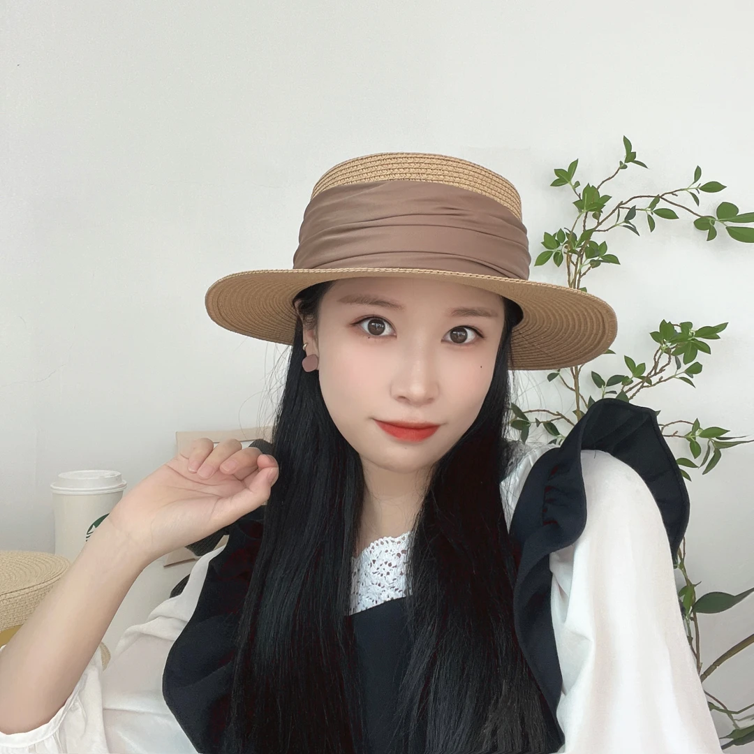 新款平顶草帽女夏季显脸小防晒遮阳帽日系百搭平檐太阳帽ins网红
