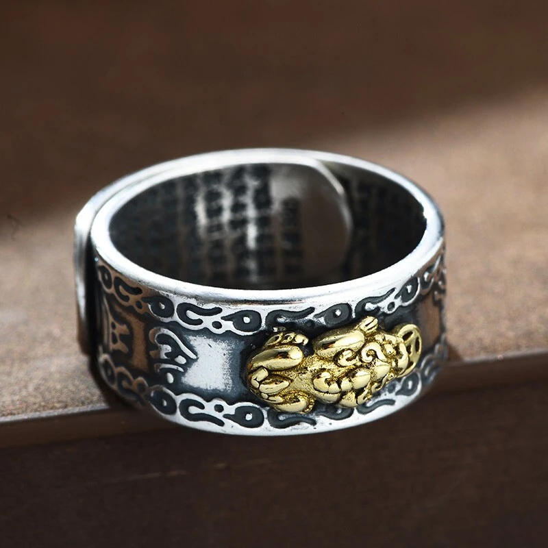 泰光银楼 足银戒指 指环六字言言复古男士开口貔貅足银戒指