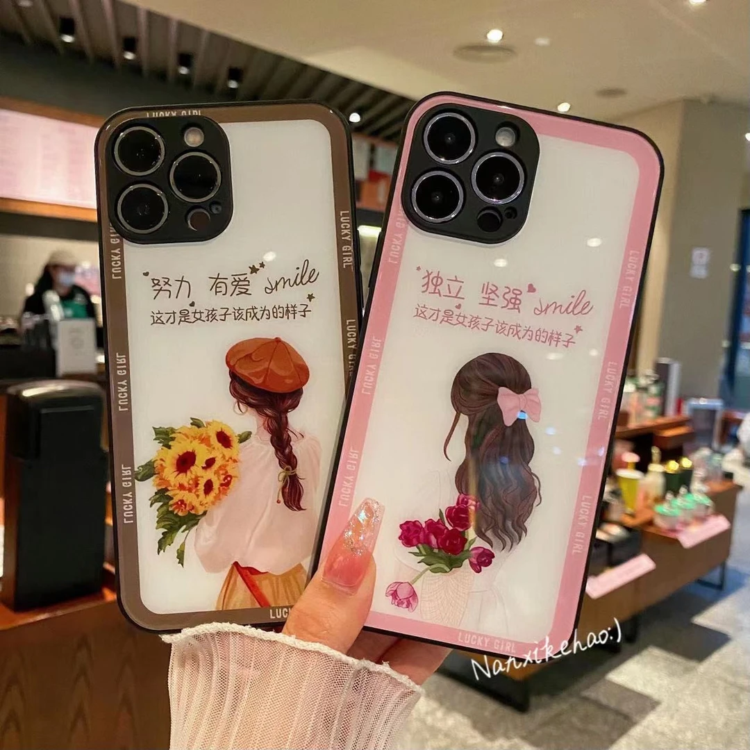 苹果/华为/vivo/oppo/小米 玫瑰花背影女孩网红潮高端玻璃手机壳1