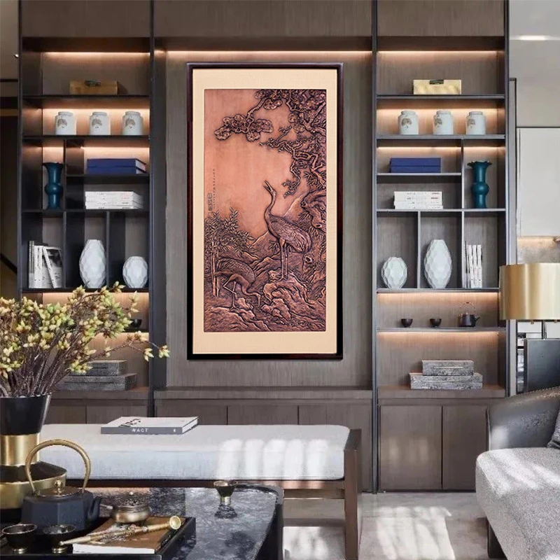 尚铜堂手工古典装饰画紫铜板画玄关挂画书房办公室挂画松梅双鹤画