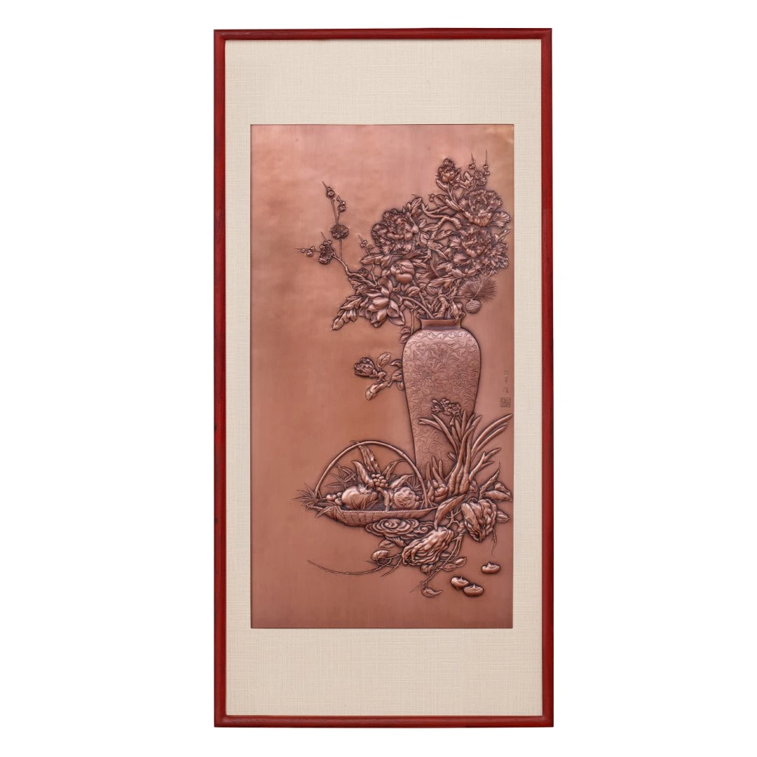 清供画 紫铜手工錾雕铜板画