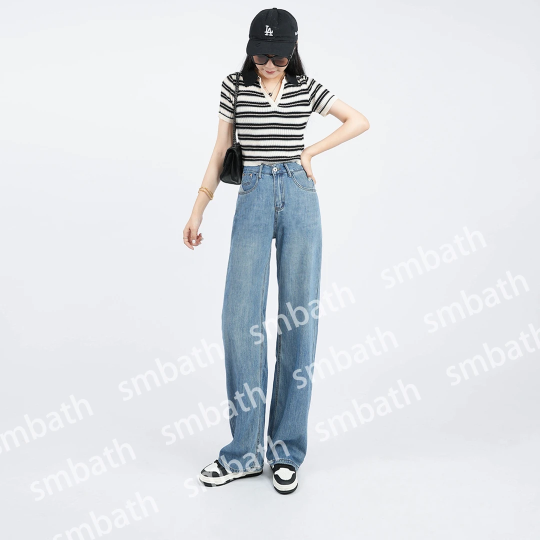 SMBATH（定制）2024夏季薄款冰氧吧牛仔长裤高腰阔腿显瘦女复古