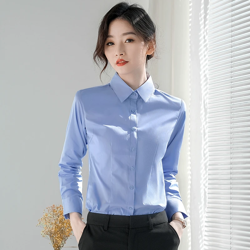蓝色衬衫女职业春秋2025新款大码正装修身工装内搭白衬衣长袖上衣