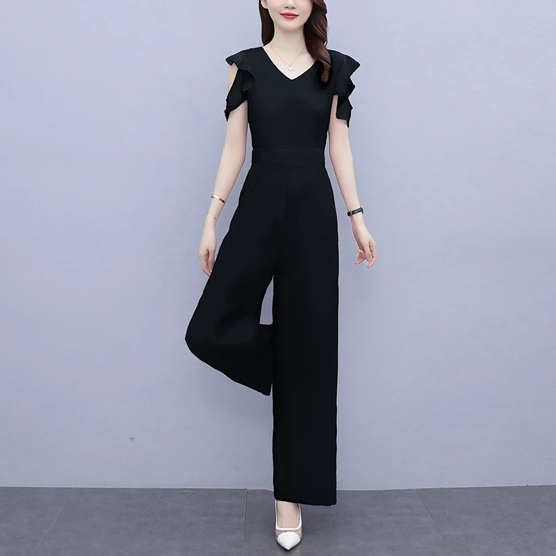 黑色雪纺名媛连体裤女夏长款2024新v领气质垂坠感阔腿连身裤套装