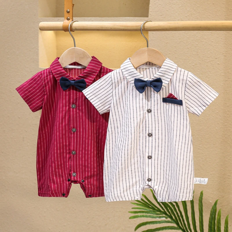 满月婴儿衣服夏季薄款男宝宝连体衣夏装拍照百天周岁礼服帅气哈衣