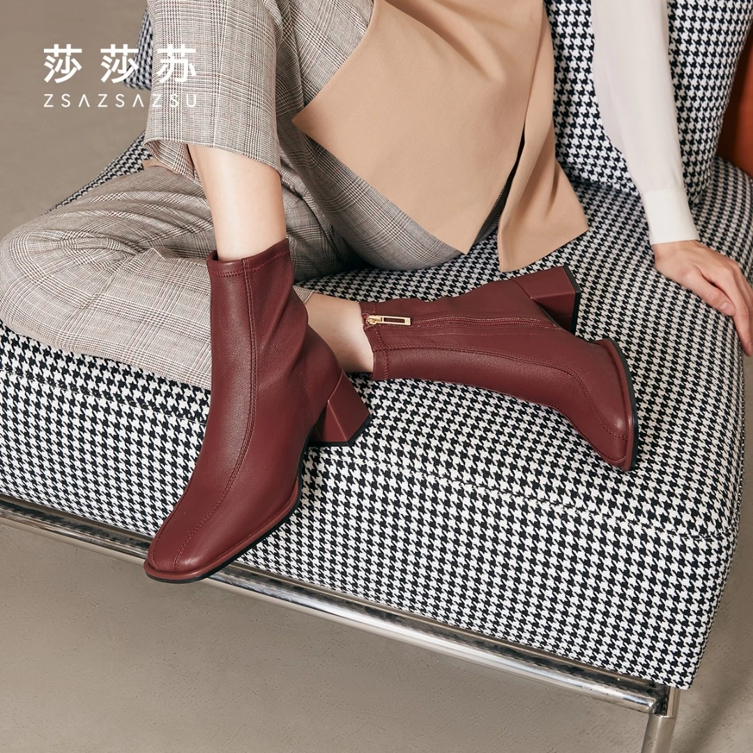 莎莎苏秋冬欧美时尚女弹力瘦瘦靴高跟拉链粗跟中筒靴ZA21500-10