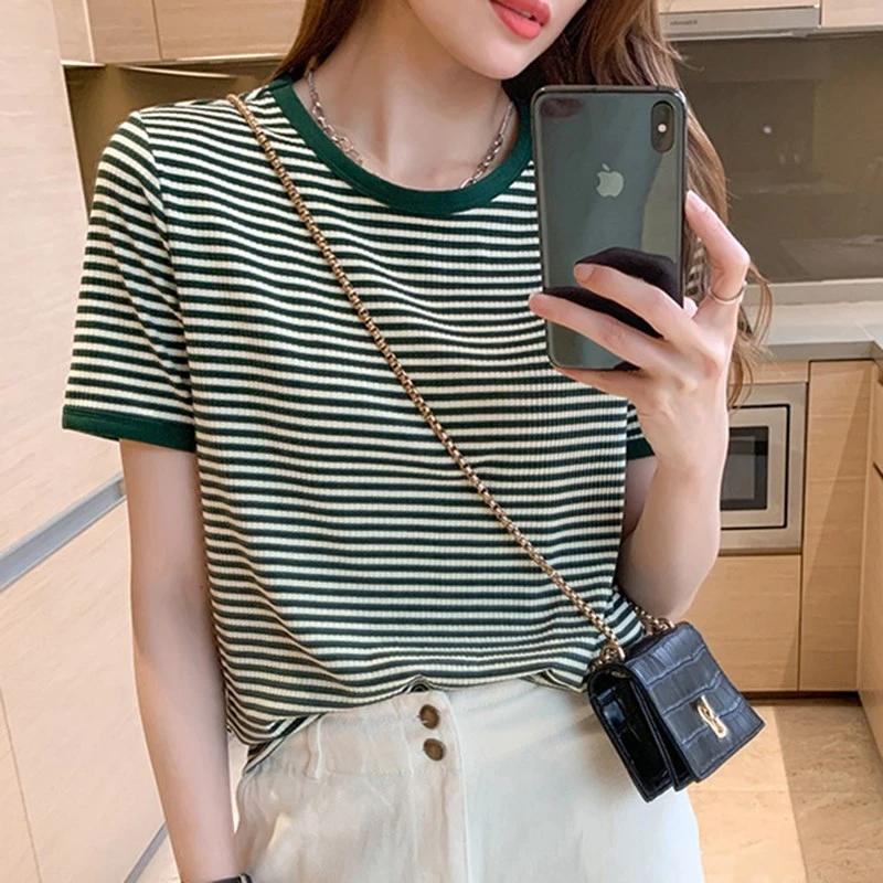 夏季条纹短袖T恤女新款宽松显瘦洋气时尚圆领上衣高弹力螺纹棉02
