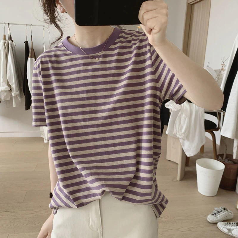 条纹短袖棉质t恤女夏季宽松弹力夏显瘦时尚减龄时尚韩新款休闲