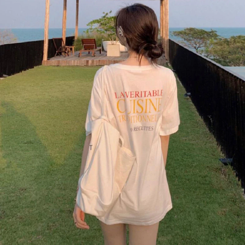 港风白色纯棉短袖t恤女2025夏季新款中长款小个子宽松bf风上衣潮