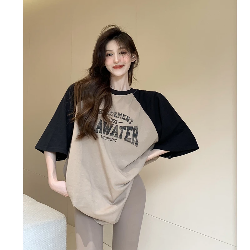 美式复古印花长款t恤女遮臀oversized撞色插肩袖超舒适半袖上衣潮