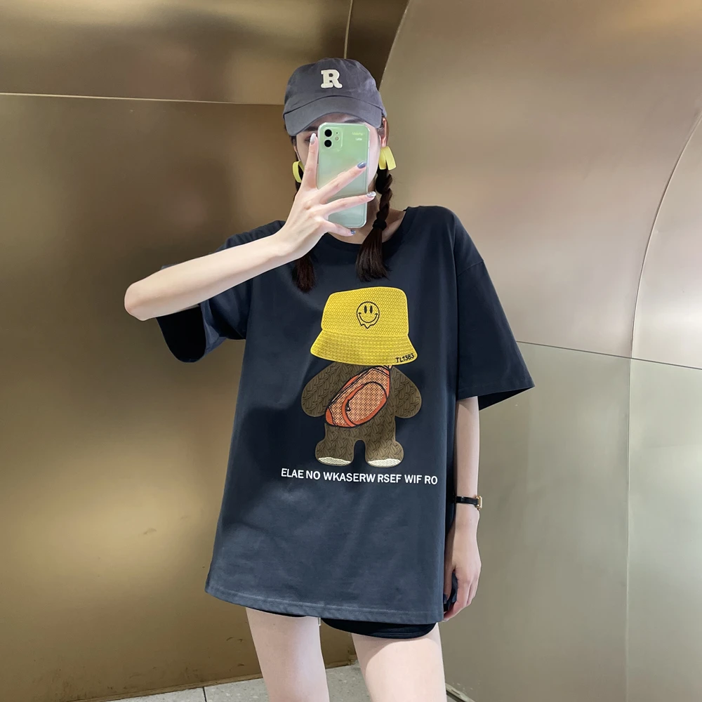 美式复古小熊灰色短袖长款t恤女遮臀气质慵懒风时尚下衣失踪体恤
