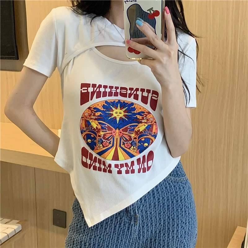 显瘦上衣甜酷时尚韩版印花女士镂空纯欲短袖t恤女遮肚子修身百搭