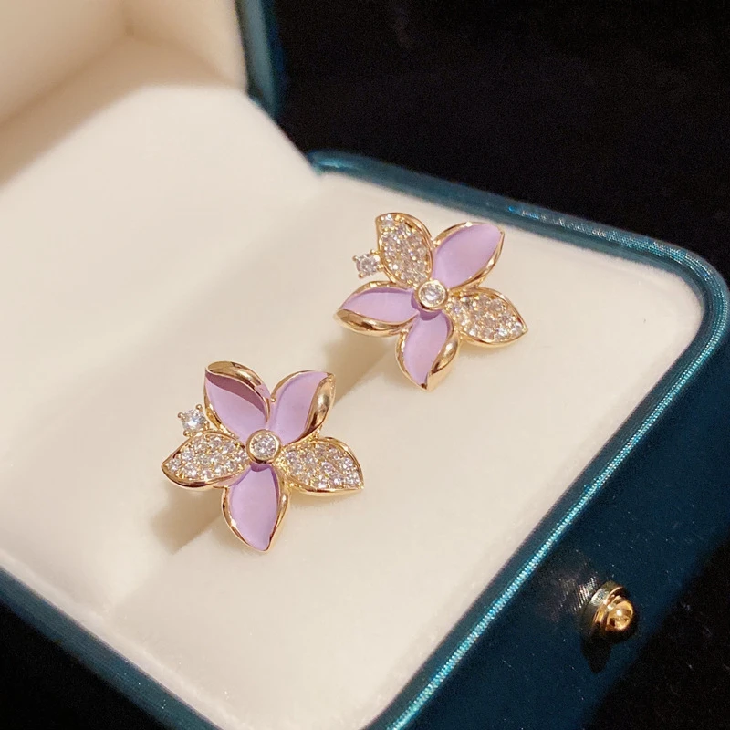 铜合金合成锆石耳饰 紫色花朵耳钉个性百搭小清新耳环简约甜美