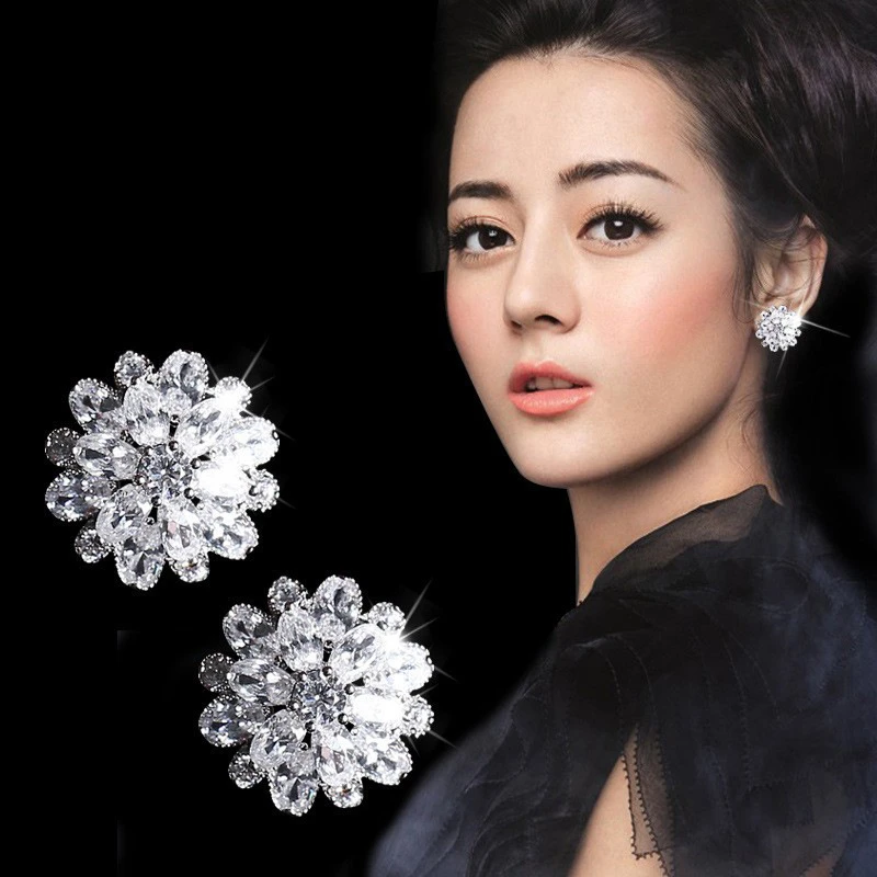 铜合金合成锆石耳饰 1813日韩满镶锆石太阳花耳钉女银针耳饰耳环