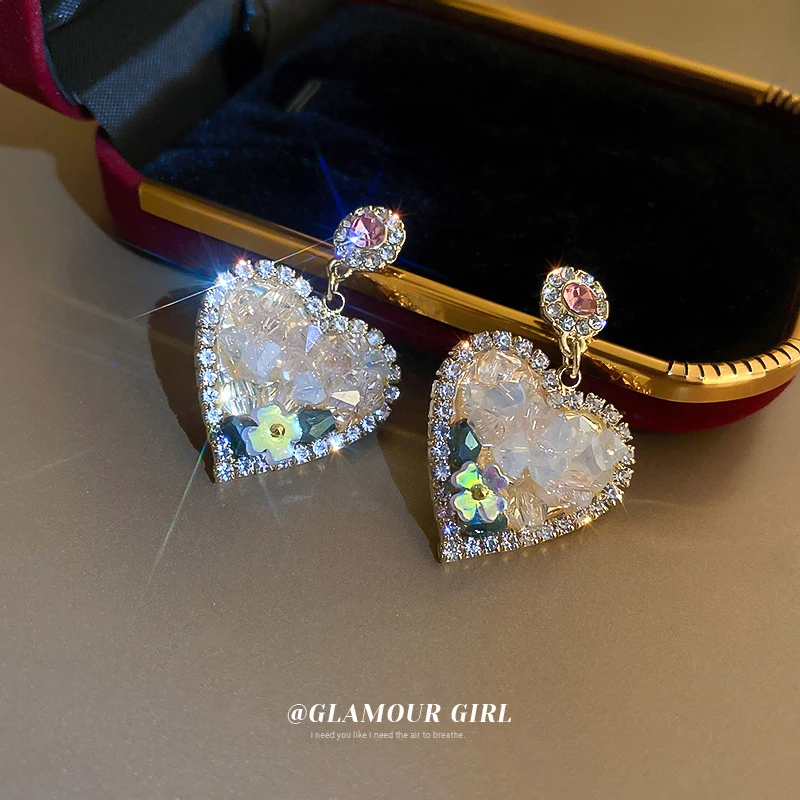 合金耳饰 1180满镶爱心耳环耳钉耳坠韩国轻奢气质女设计感精致