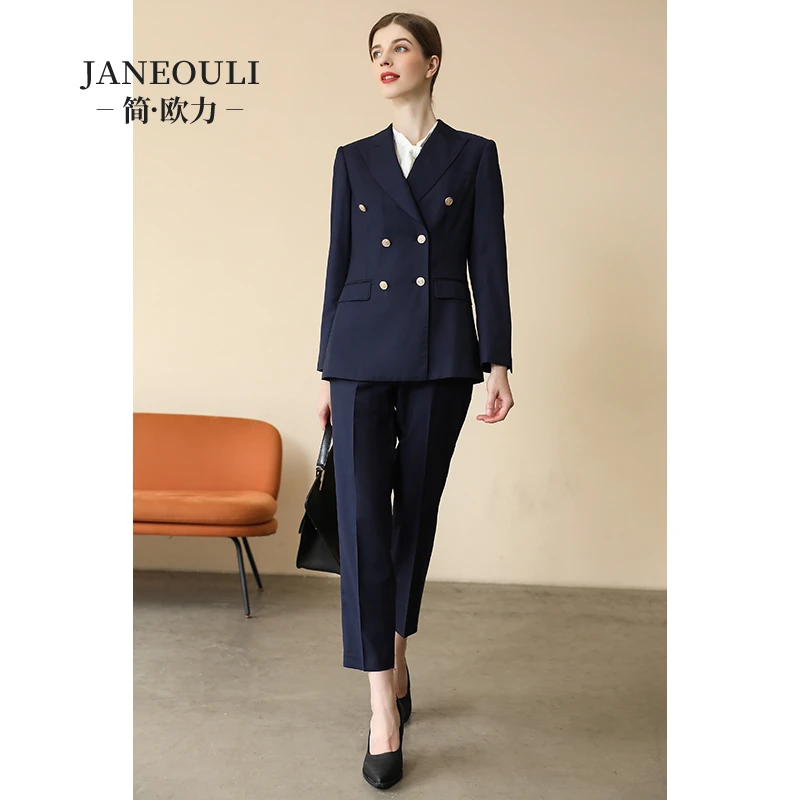 简欧力 藏蓝色 高定西装套装女双排扣双开叉小脚九分裤型气质时尚