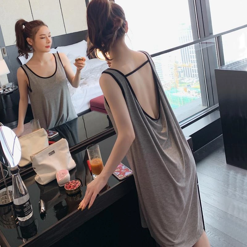 纯色无袖大码300斤睡裙女夏宽松甜美背心裙中长款吊带睡衣夏薄款