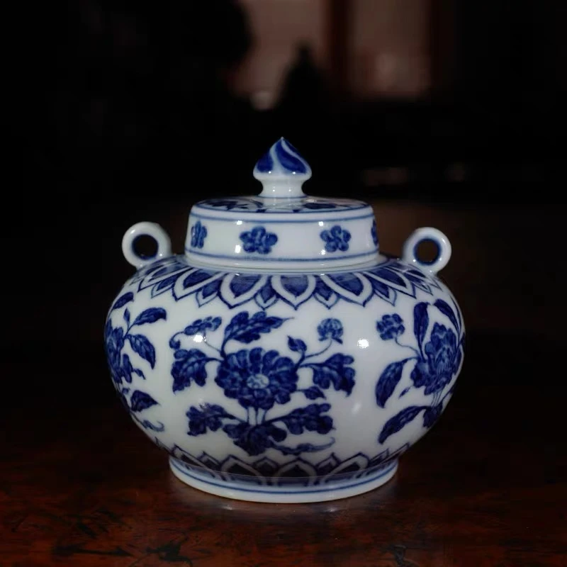 龙圣华苑景德镇陶人临古早期手绘仿明永乐青花折枝花卉双系罐