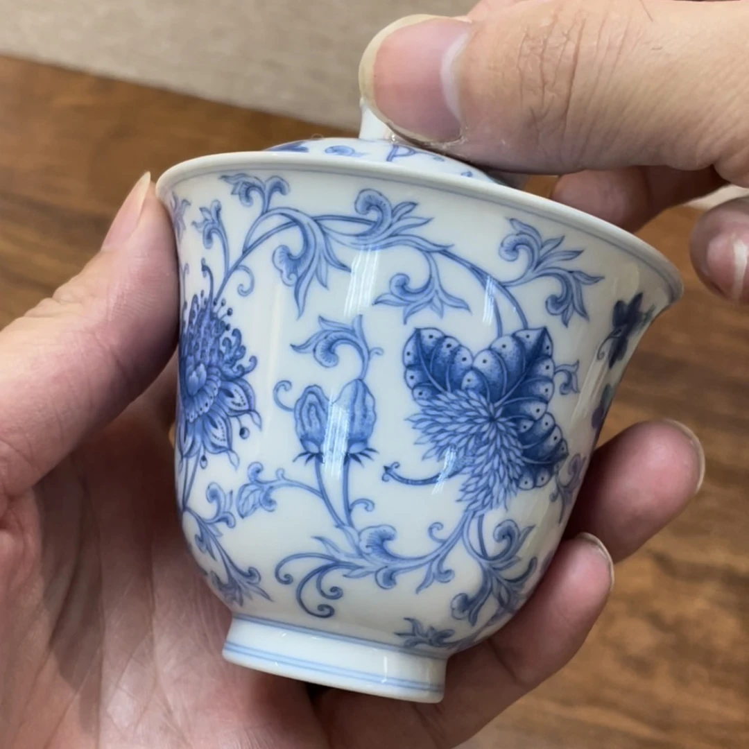 龙圣华苑景德镇陶人临古手绘青花缠枝西番莲铃式小盖碗适合冲泡岩