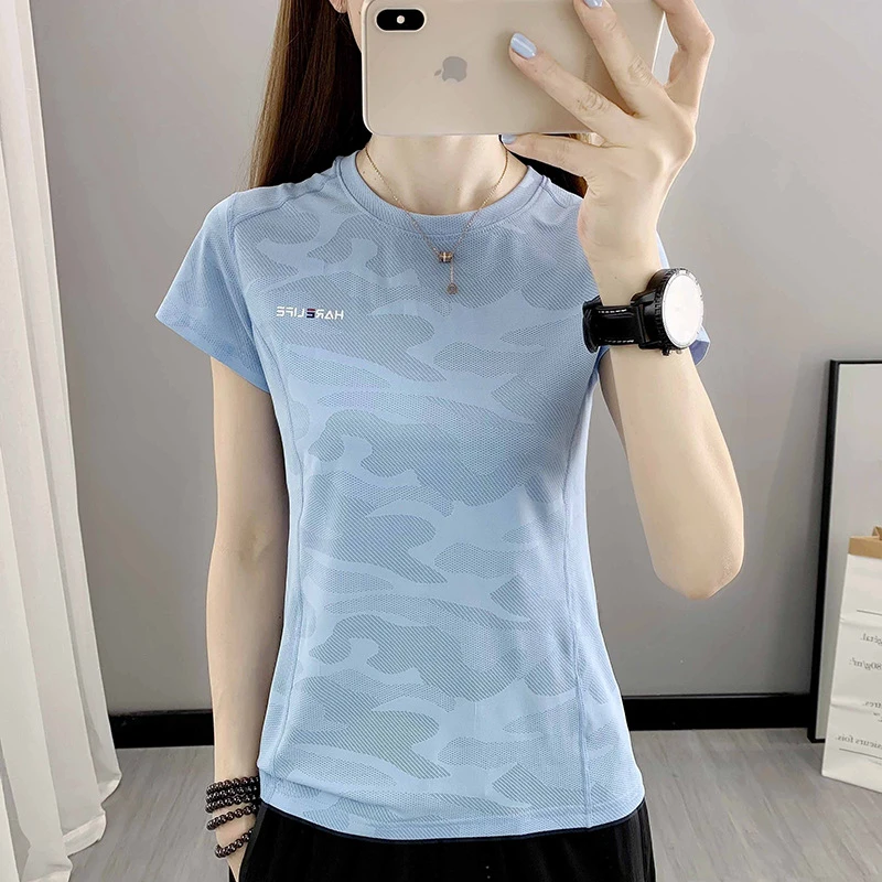 夏季轻薄速干衣女圆领排汗跑步户外运动半袖上衣迷彩登山短袖t恤