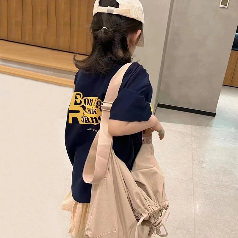 波拉韩BORAHANKIDS 阔版蓝白短袖2024夏装棉T中大童宽松上衣潮