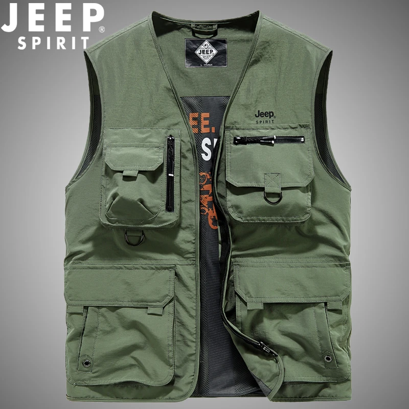 JEEPSPIRIT马甲男装户外休闲工装马夹春秋多口袋钓鱼摄影记者背心