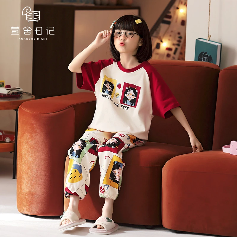 女童纯棉短袖长裤家居服公主女孩睡衣夏季儿童大童薄款套装22034