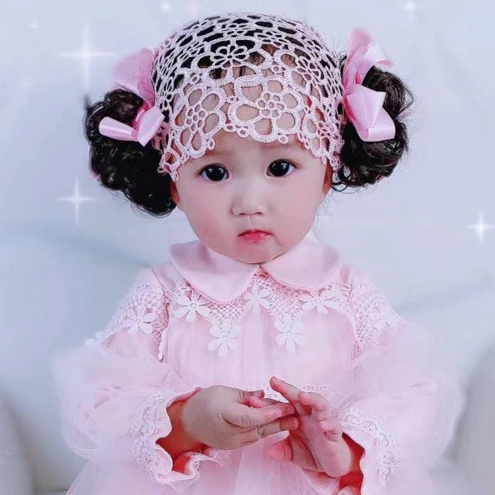 韩版婴儿女宝宝假发发饰发网发带百天周岁蝴蝶结拍照摄影大红色粉