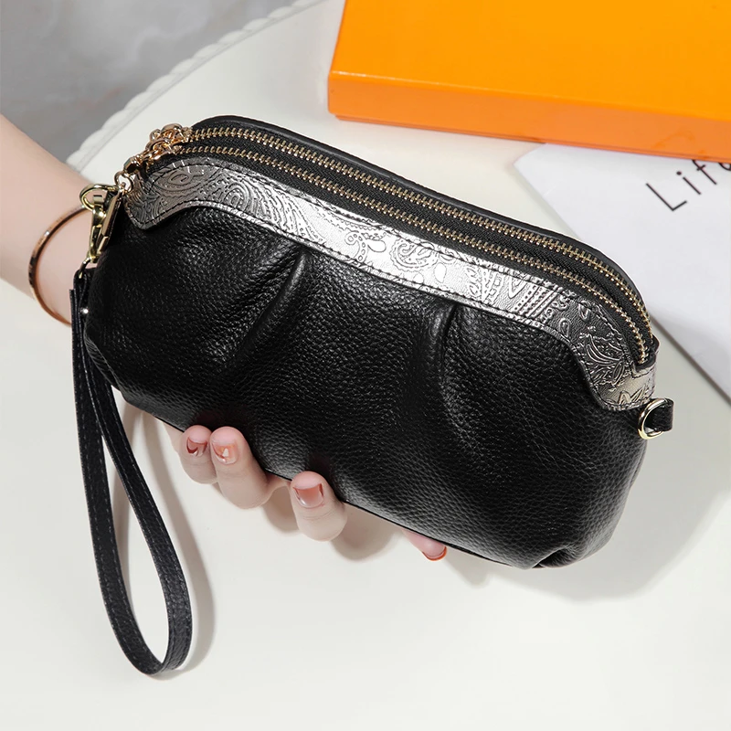 双拉链真皮斜挎小包包女气质2024新款软牛皮贝壳手包放手机大容量