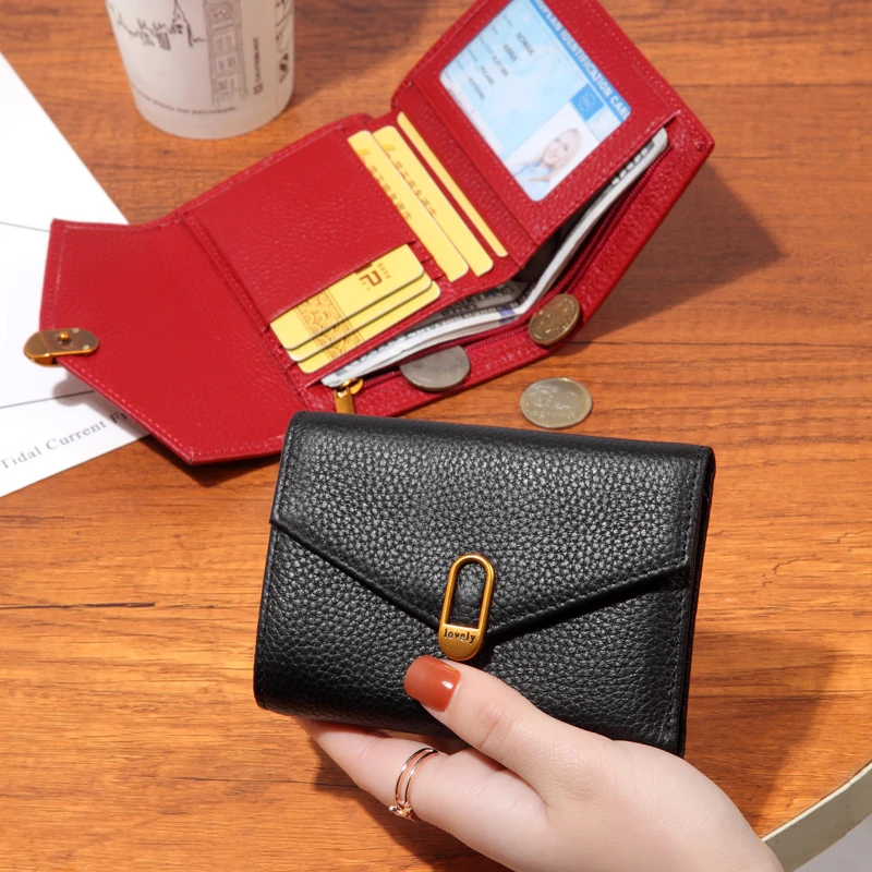 高颜值真皮短款钱包女气质2024新款时尚爱情锁钱夹软牛皮折叠皮夹