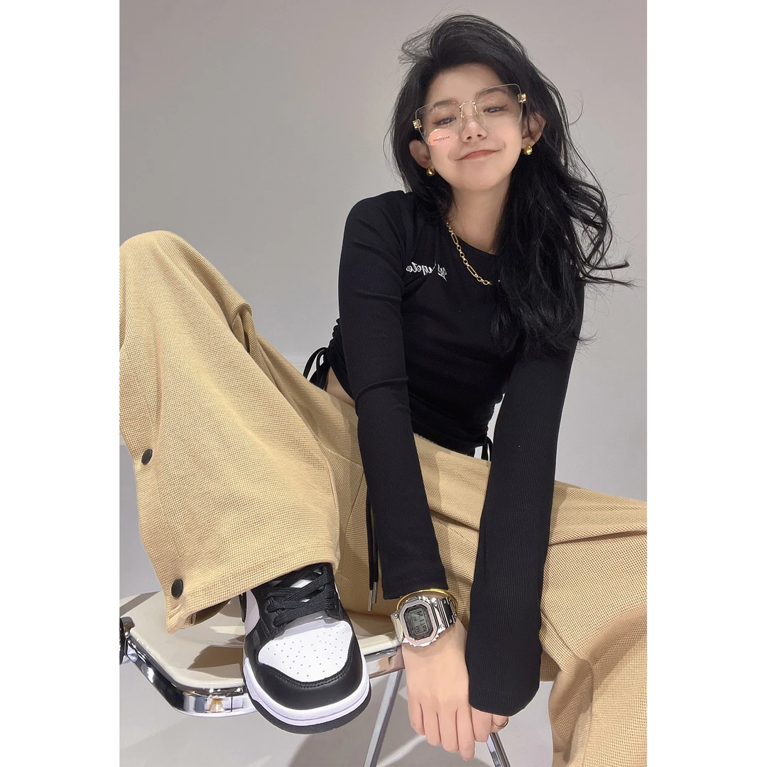 CBX黑色抽绳上衣显瘦设计感女爵士舞露脐jazz修身长袖辣妹ins美式