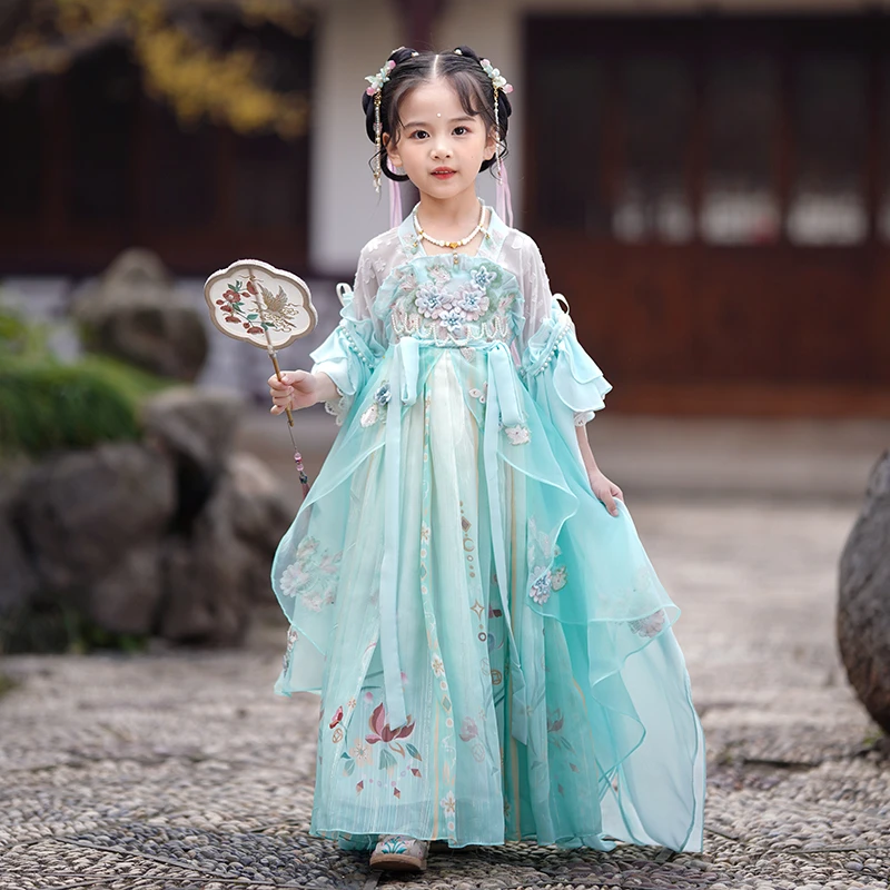汉服女童夏季薄款超仙襦裙女孩演出服樱花公主雪纺连衣裙