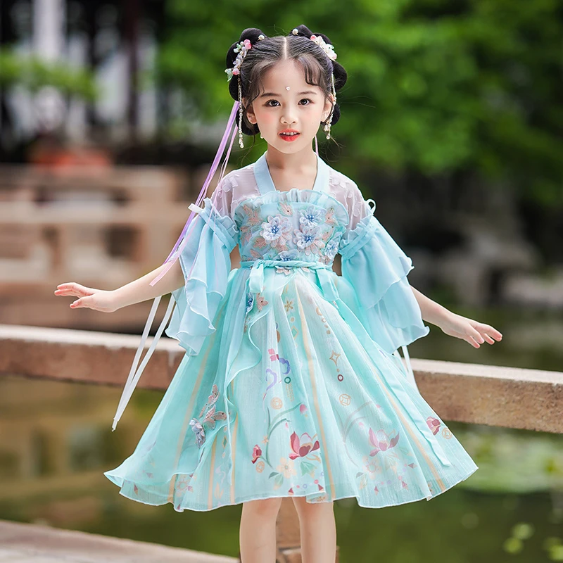 女童汉服夏季短袖薄款儿童中国风短裙超仙古装女孩古风雪纺连衣裙