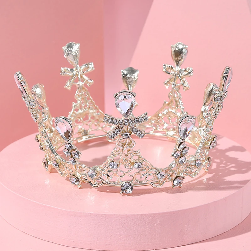 皇冠头饰儿童公主小女孩王冠水晶女童金色圆冠走秀主持演出发饰